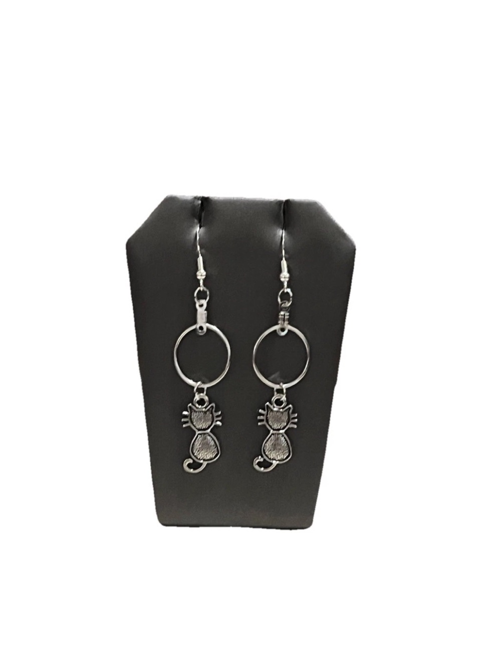 Silver tone Kitty Cat Hoop Dangle Earrings Cute Kitten Animal Charm Drop Hook
